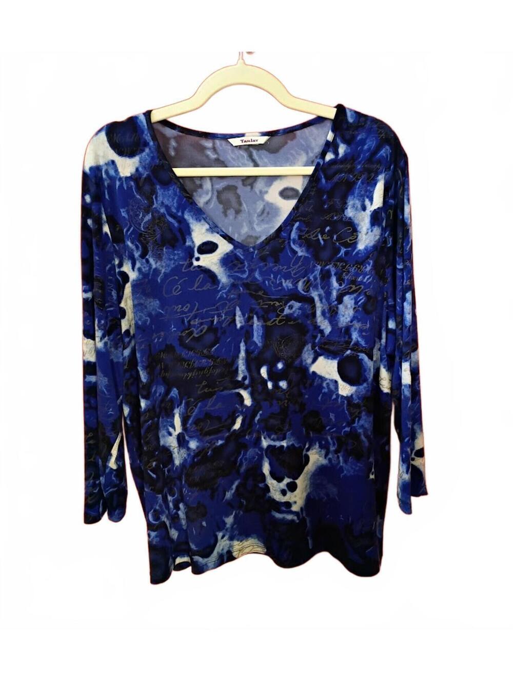 TanJay Blue Abstract Print Long Sleeve V-Neck Top Size XL